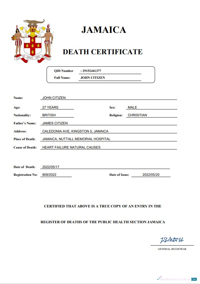 Download Jamaica vital record death certificate Word and PDF template Photoshop template
